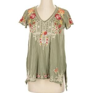 JOHNNY WAS Izora draped cotton embroidered tortoise green whimsy boho top SZ XS